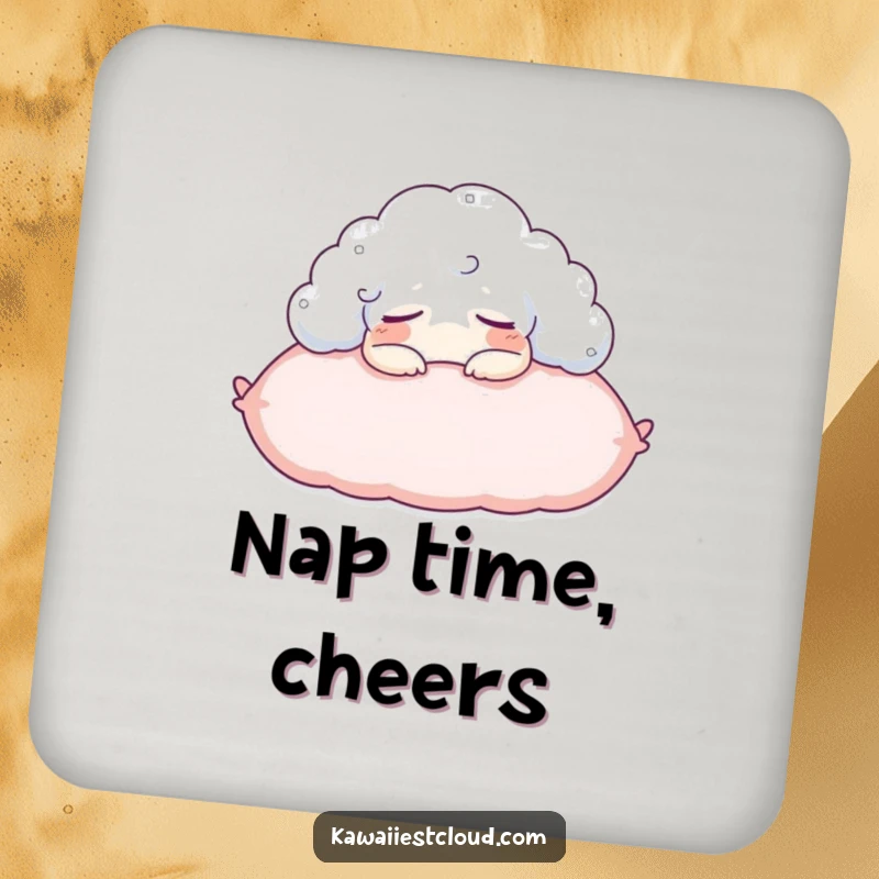 Funny drink coaster with a content cloud character napping on a pillow, protecting surfaces with cozy humor.