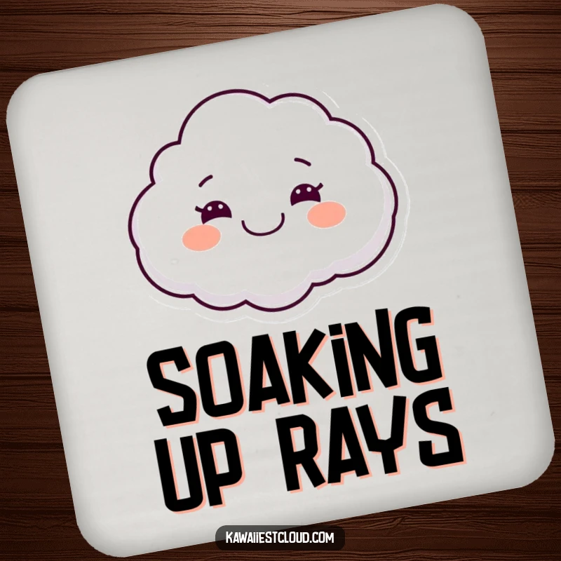 Funny coaster featuring a smiling cloud character with a wide grin, floating joyfully, protecting surfaces with a happy vibe.