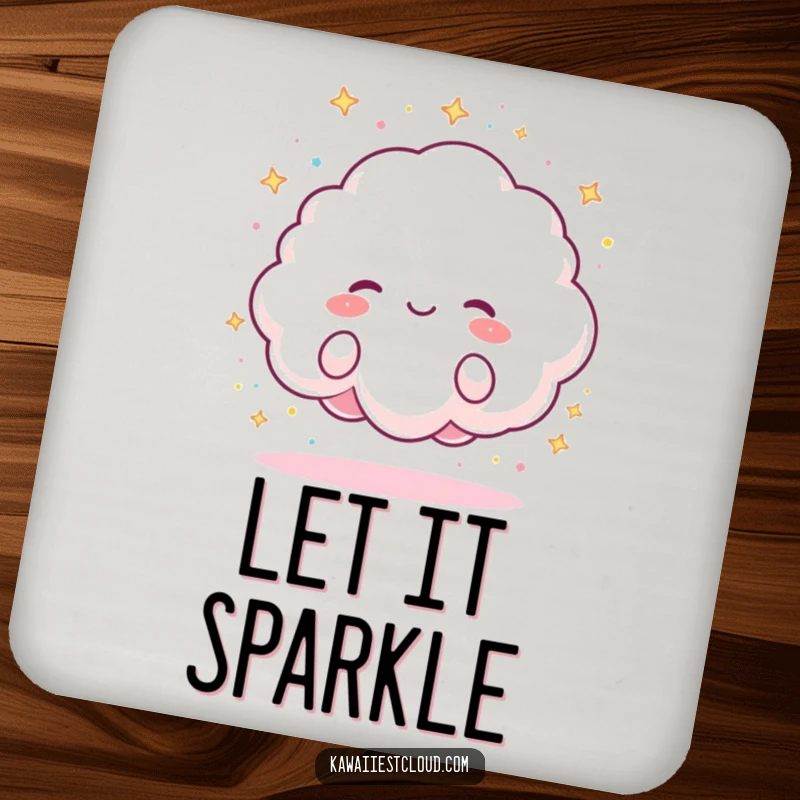 Funny Drink Coasters with a fluffy cloud character joyfully raining tiny, colorful sparkles, protecting surfaces with cheerful charm.