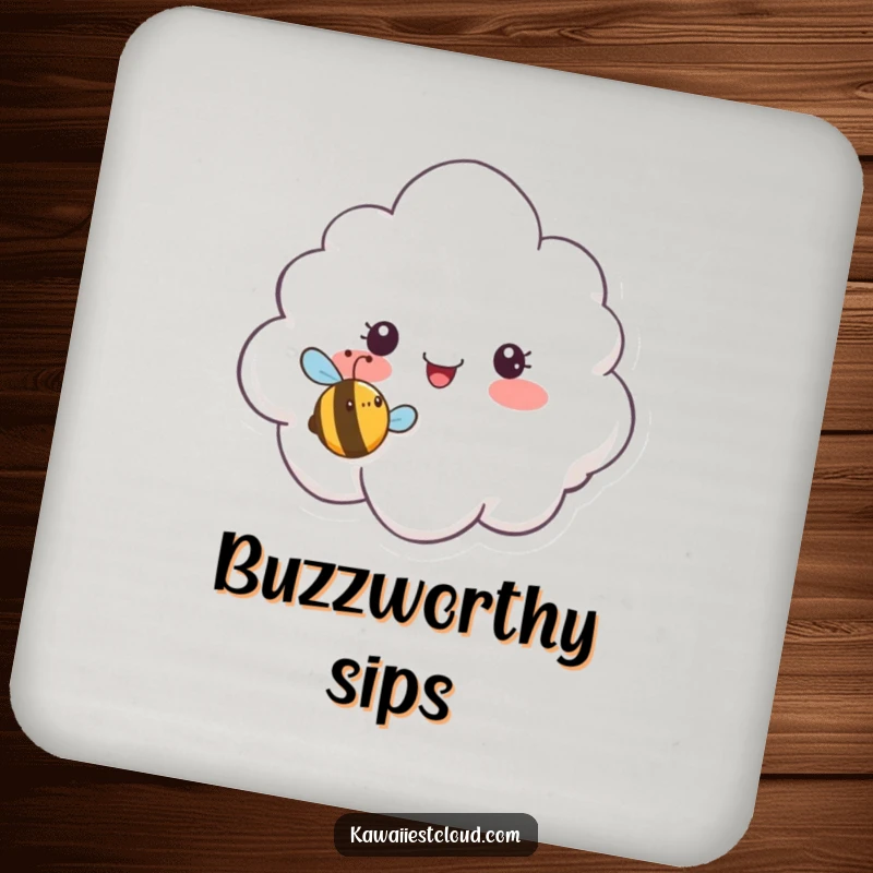 Funny coaster featuring a surprised cloud character looking at a tiny, smiling bee buzzing humorously, guarding drinks with charm.