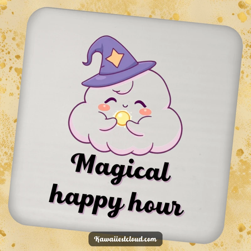 Funny Coaster: A cloud wizard character conjuring a small, glowing orb, protecting surfaces with magical flair.