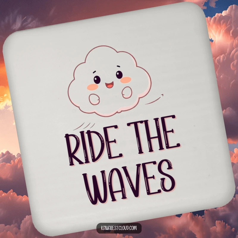 Funny coaster featuring a happy cartoon cloud surfing on a gentle wind, adding breezy charm to surfaces.