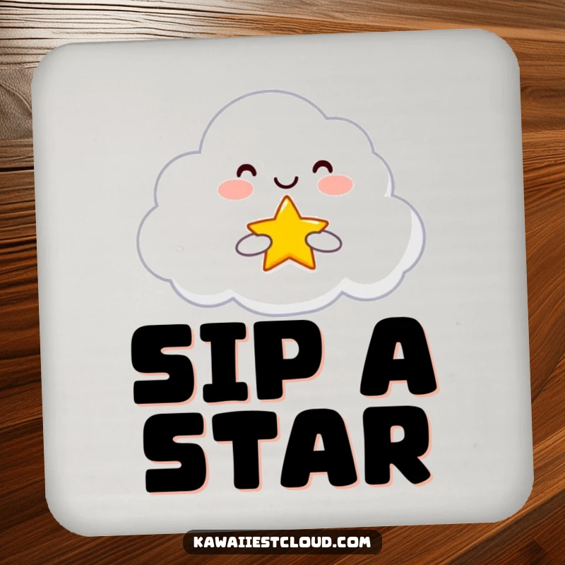 Funny Drink Coasters featuring a smiling cloud character holding and offering a tiny, bright star, protecting surfaces with charm.