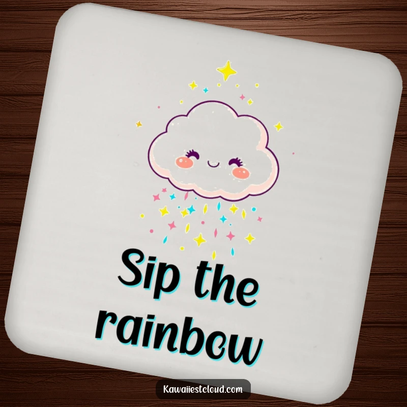 Funny joyful cloud character showering colorful rain on a drink coaster, protecting surfaces joyfully.