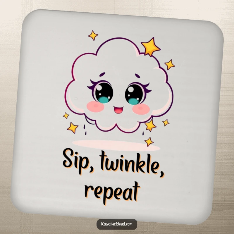 Funny Coasters depicting a cute cloud character giggling and raining tiny stars with dreamy eyes.
