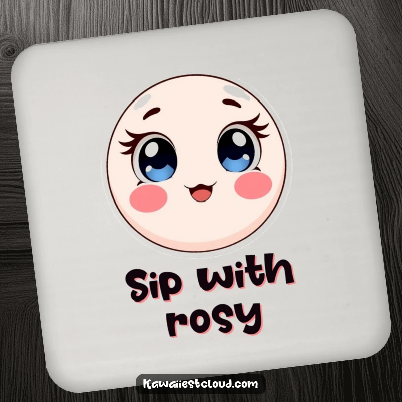 Funny drink coaster with a round, soft object featuring large, expressive eyes and rosy cheeks, perfect for adding adorable decor.