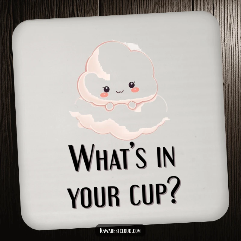 Funny curious cloud character peeking through mist on a drink coaster, protecting surfaces with humor.