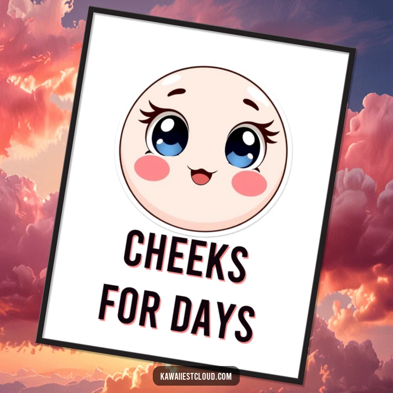 Funny poster showcasing a round, soft object with large, expressive eyes and rosy cheeks, adding adorable charm to any wall.