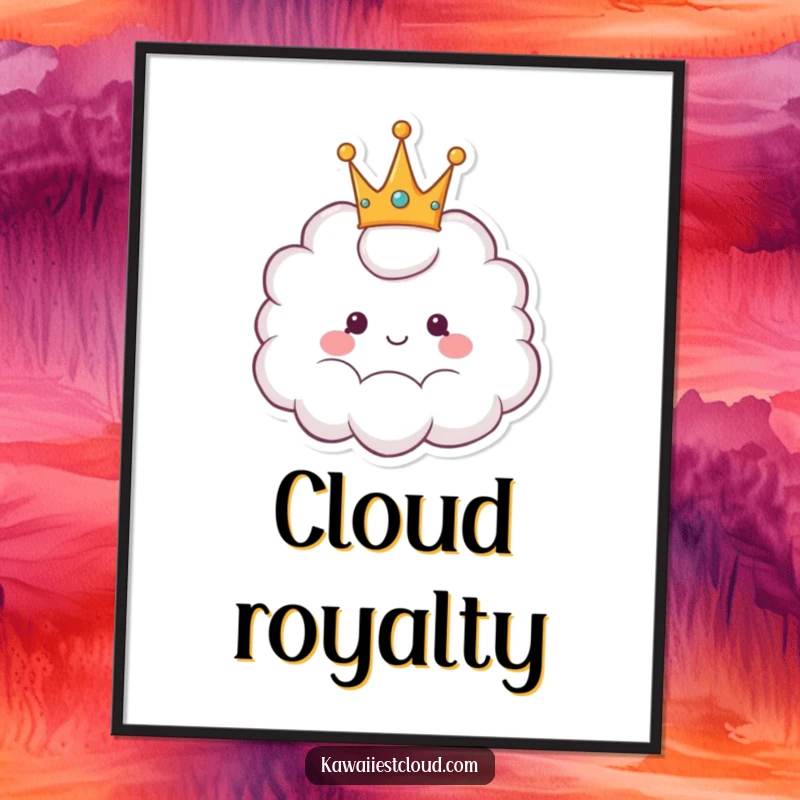 Funny poster art of a happy cartoon cloud wearing a fluffy crown, perfect for adding regal cheer and humor.