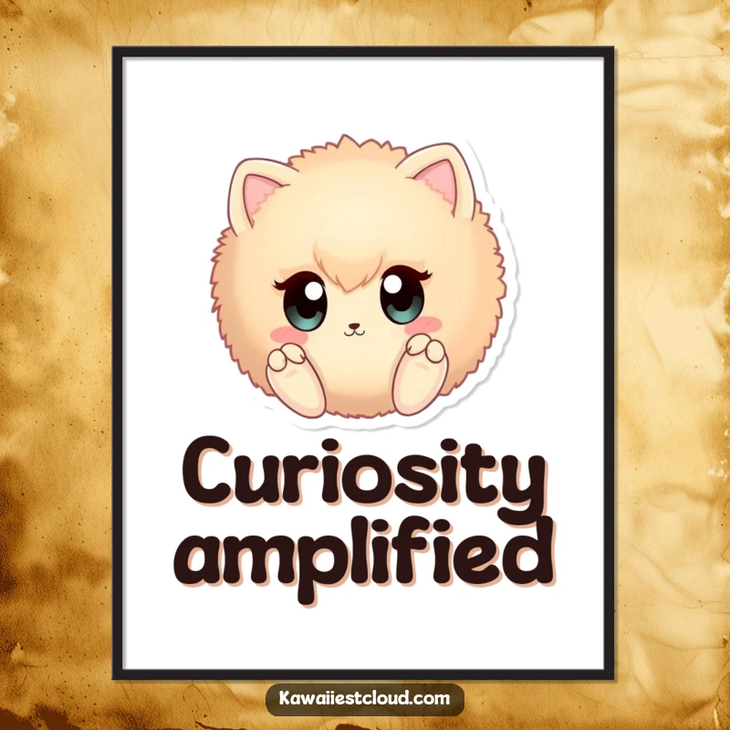 Funny fuzzy sphere poster with large curious eyes and tiny paws, creating adorable and humorous wall art.