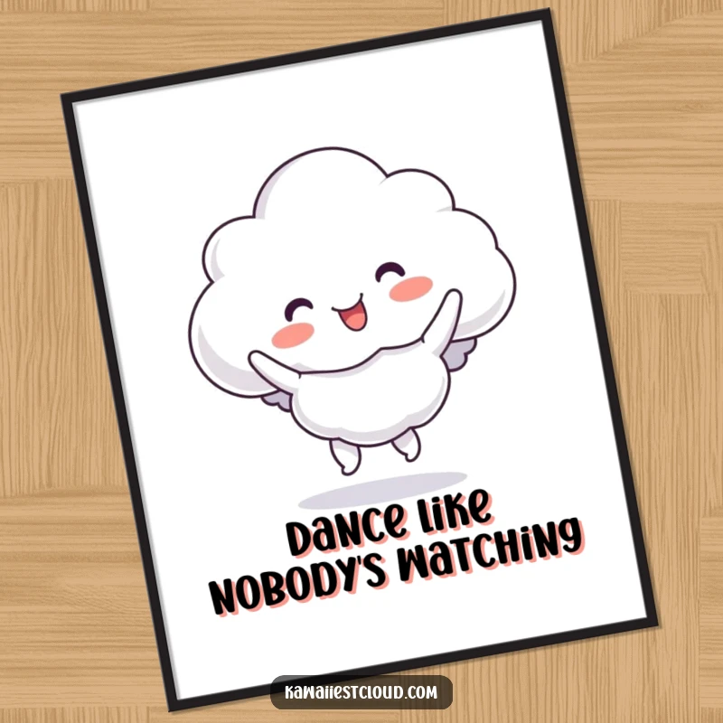 Funny cloud character poster dancing energetically in a silly, bouncy jig, full of joy and motion.