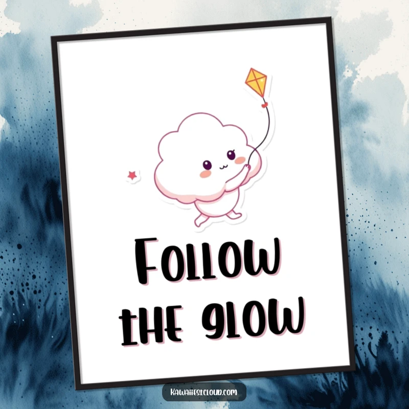 Funny poster art of a playful cloud character joyfully chasing a kite constructed from bright, ethereal light.