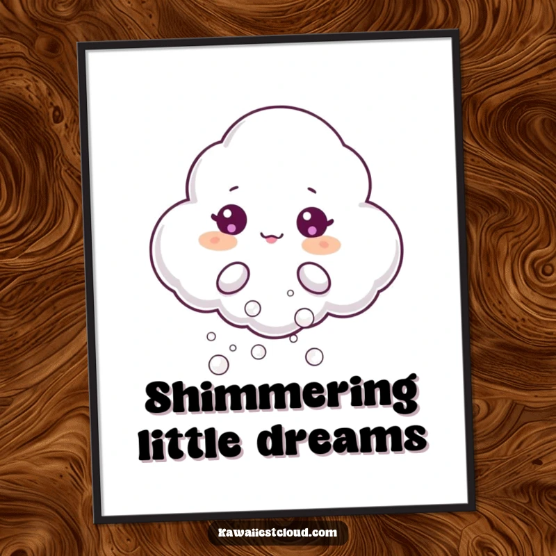 Funny poster print of a beaming cloud character joyfully exhaling small, shimmering bubbles, creating a magical and humorous visual effect.