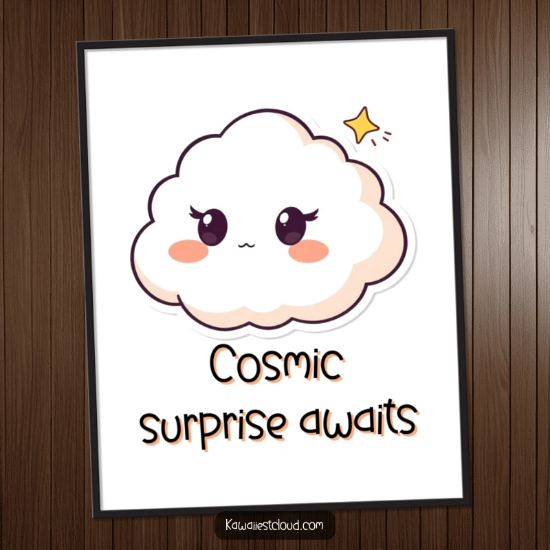 Funny poster of a cloud character with surprised eyes, looking up in awe at a small, bright shooting star.