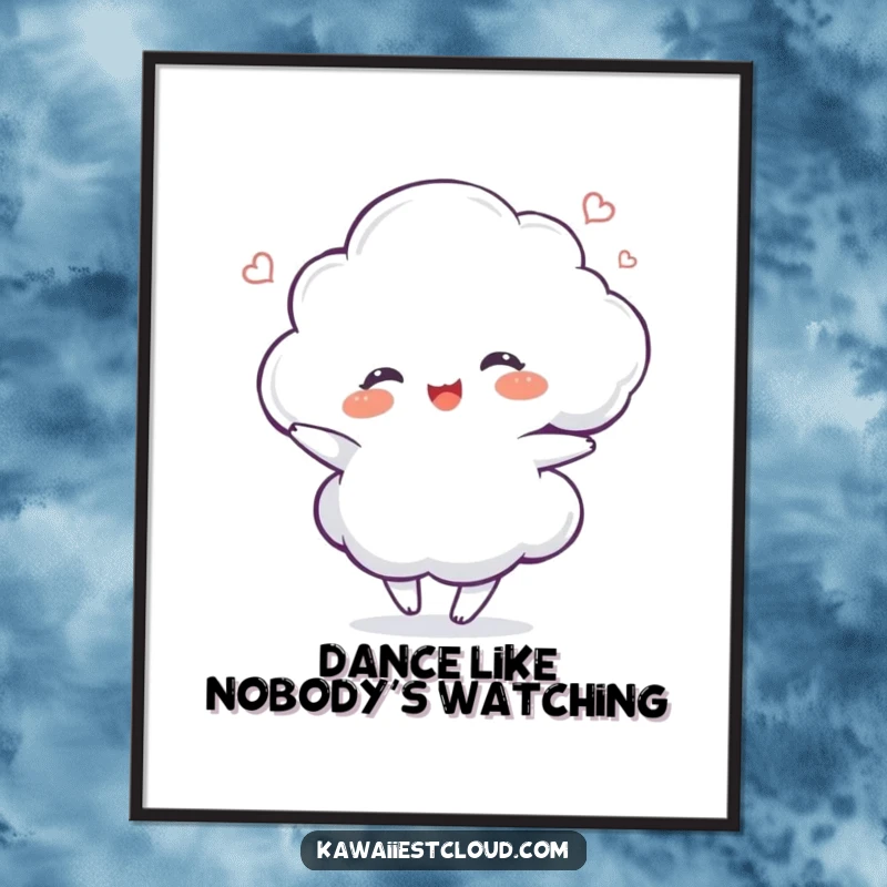 Funny delighted cloud character dancing with a gentle shimmer on an art poster, radiating happiness.