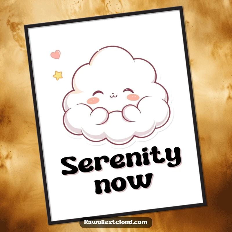 Funny poster print of a cloud character with a peaceful expression, floating serenely in a dreamlike state, evoking calmness and gentle humor.