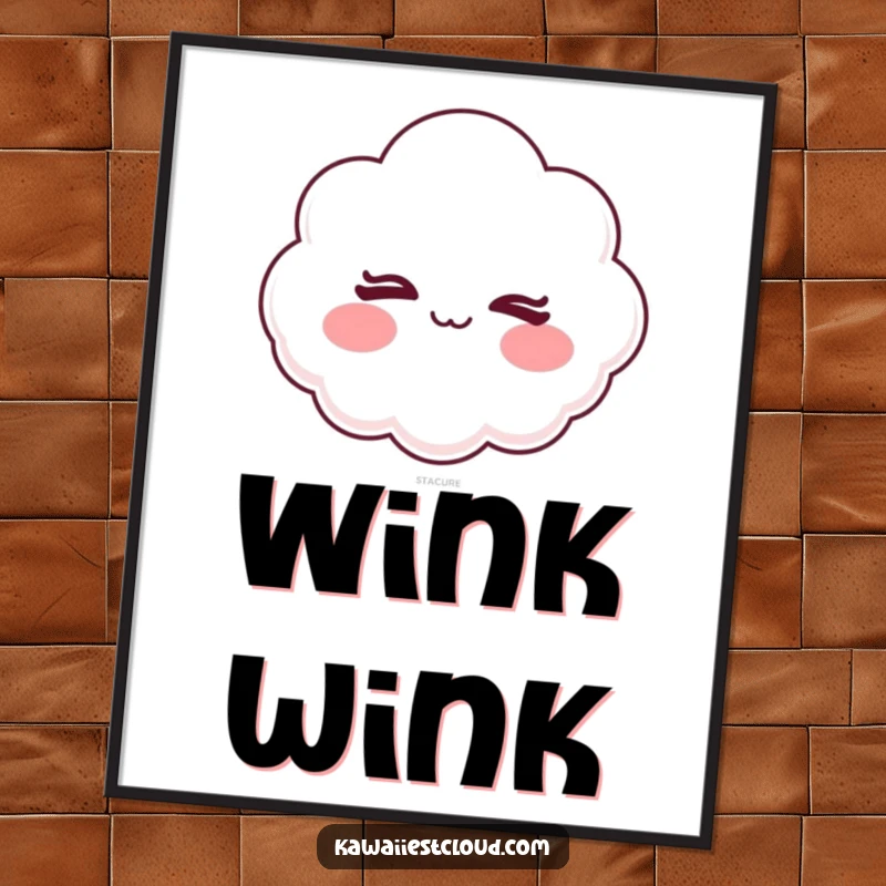 Funny poster art of a cartoon cloud with rosy cheeks winking slyly, perfect for adding mischievous charm.