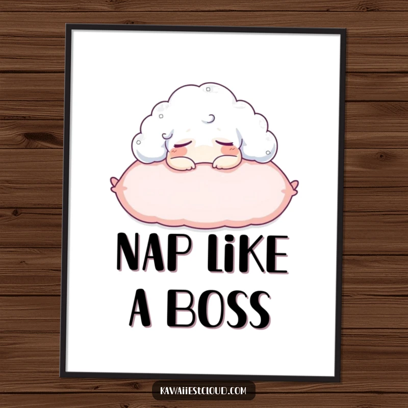 Funny poster print of a cloud character napping on a fluffy pillow, adding a peaceful and humorous touch.