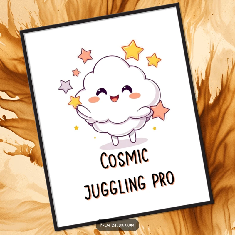 Funny poster art of a grinning cloud character skillfully juggling vibrant stars, adding a touch of cosmic amusement.