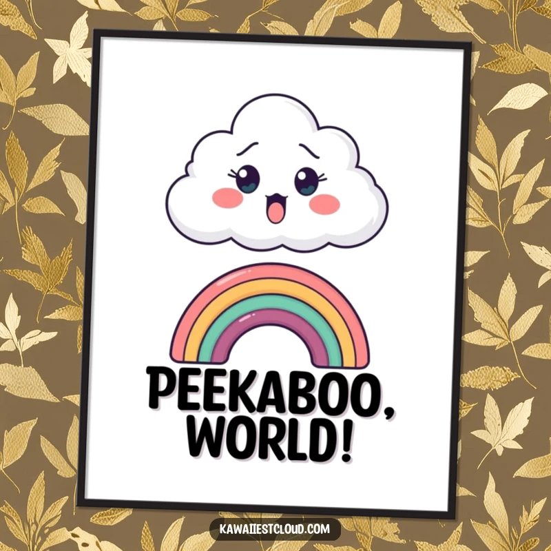Funny poster print of a surprised cartoon cloud peeking over a miniature rainbow, ideal for a cheerful and comical display.
