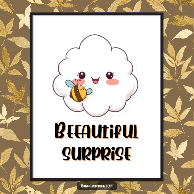 Funny poster displaying a surprised cloud character reacting to a tiny, cheerful bee buzzing humorously close, perfect for any room.