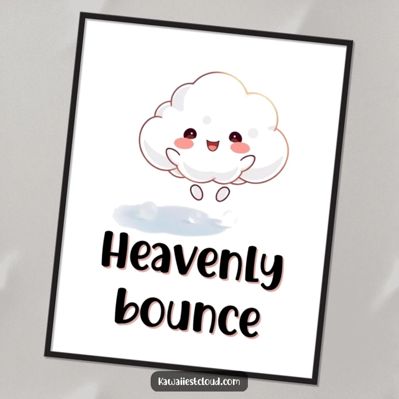 Funny poster displaying a happy cloud character joyfully bouncing on a shimmering, ethereal surface, adding magic to any room.