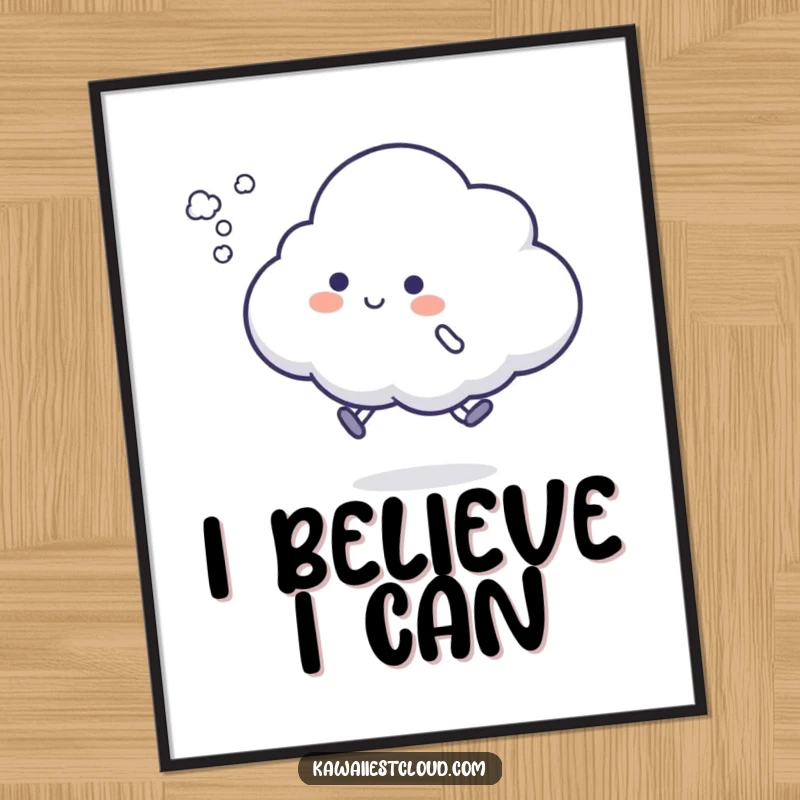 Funny cloud hop poster art of a character attempting a silly hop, leaving a puff of vapor, showcasing playful movement and humor.