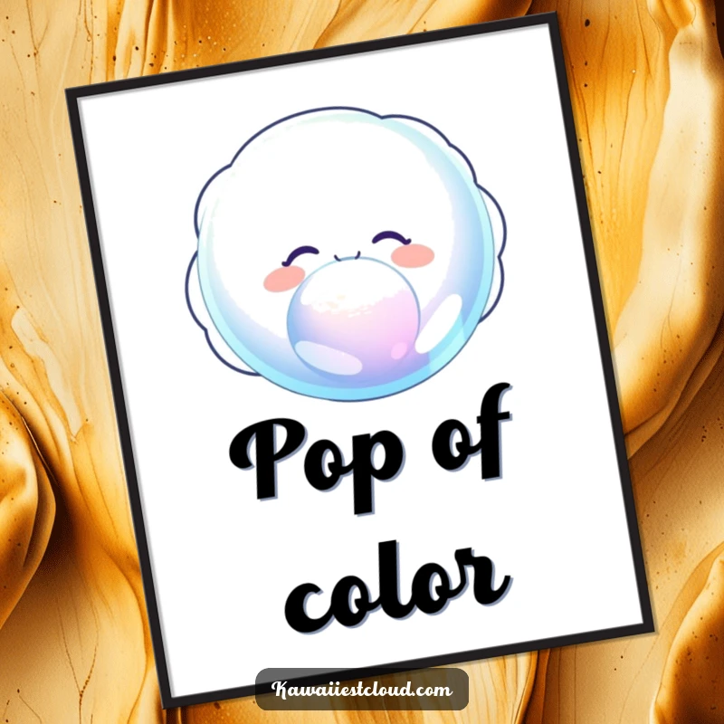 Funny poster displaying a delighted cloud character joyfully blowing a giant, iridescent bubble, adding magic to any room.