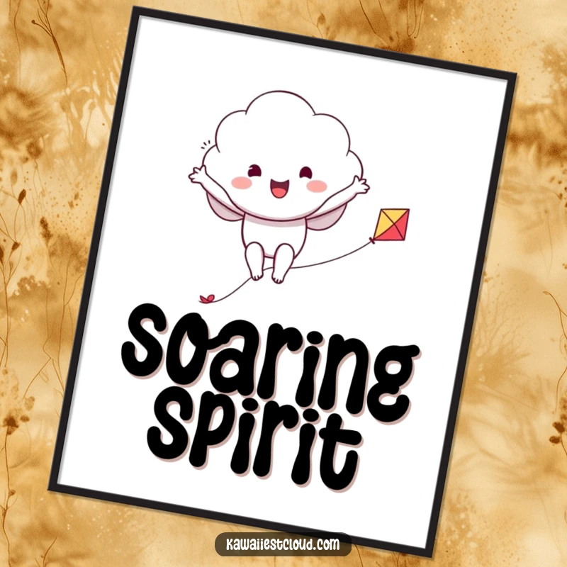 Funny poster art depicting a cloud character with arms spread, gleefully riding a small kite against a bright sky.