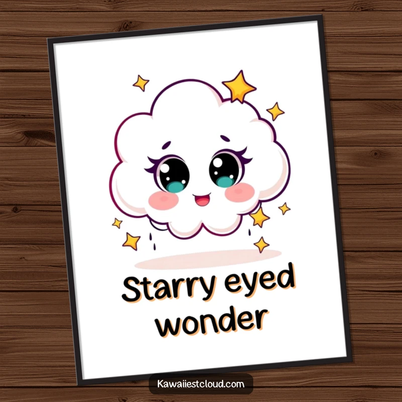 Funny Poster depicting a cute cloud character with large eyes, giggling as it rains tiny, sparkling stars.