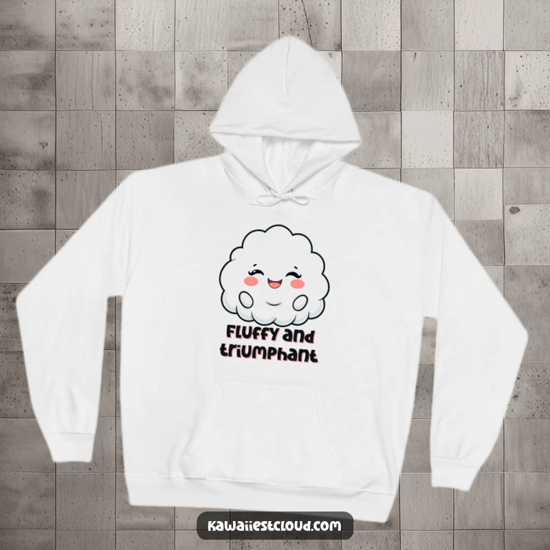 Funny hoodie featuring a cloud character cheering with a wide, fluffy smile, offering comfort and happiness.