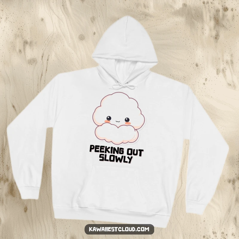 Funny hoodie with a cloud character peeking from behind a fluffy edge, offering cozy comfort and a hint of playful mystery.