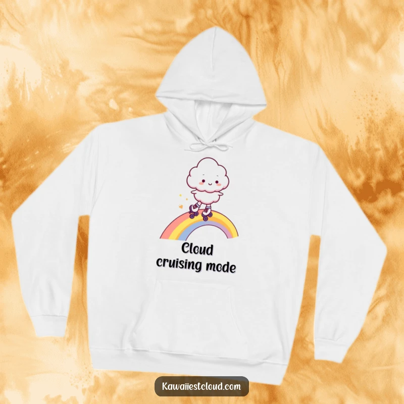 Funny hoodie featuring a vibrant depiction of a cheerful cloud character wearing tiny roller skates, gracefully gliding on a bright rainbow.