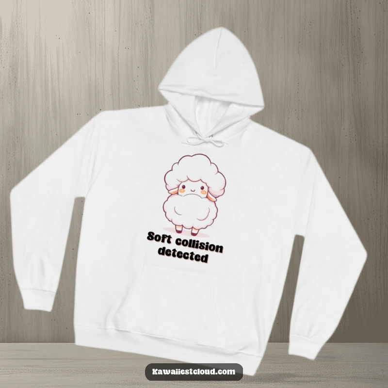 Funny hoodie depicting a playful cloud character gently colliding with a soft, fluffy white sheep, creating an endearing and funny scene.