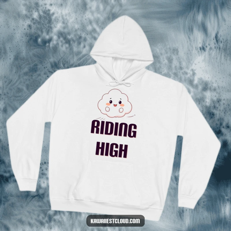 Funny hoodie featuring a happy cartoon cloud riding a gust of wind, embodying a carefree and joyful spirit.