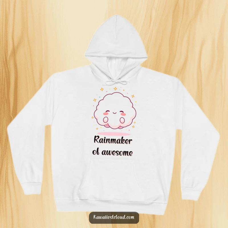 Funny Hoodie showcasing a fluffy cloud character joyfully raining tiny, colorful sparkles, perfect for spreading cheer and comfort.