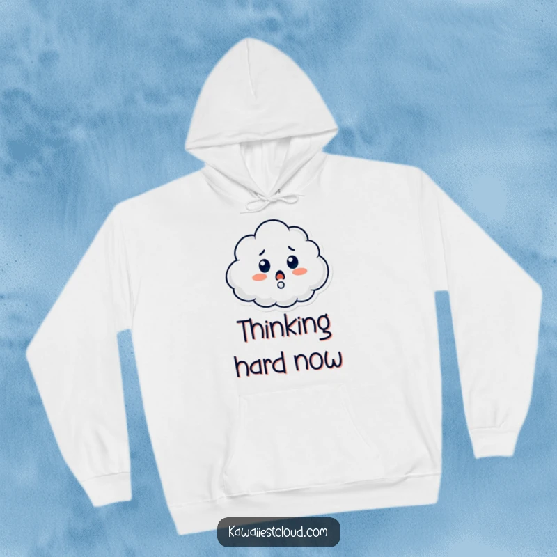 Funny hoodie featuring a cloud character looking surprised with a large question mark, offering cozy comfort and humorous contemplation.