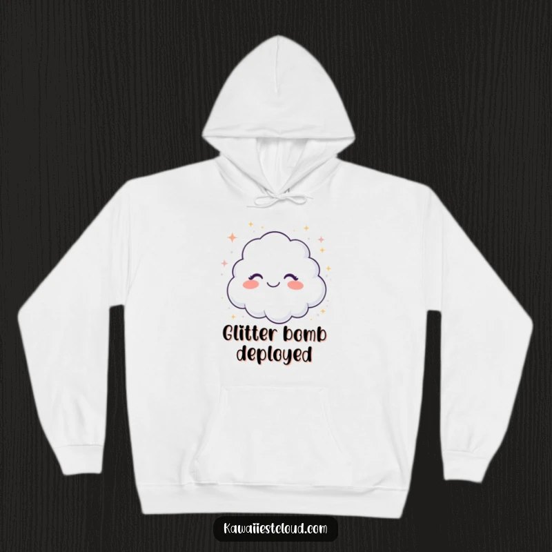 Funny hoodie featuring a giggling cloud showering sparkling glitter, offering warmth and magical humor.