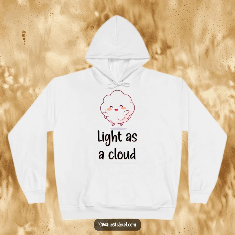 Funny hoodie featuring a fluffy cloud character bouncing with rosy cheeks, providing cozy comfort with a dose of pure joy.