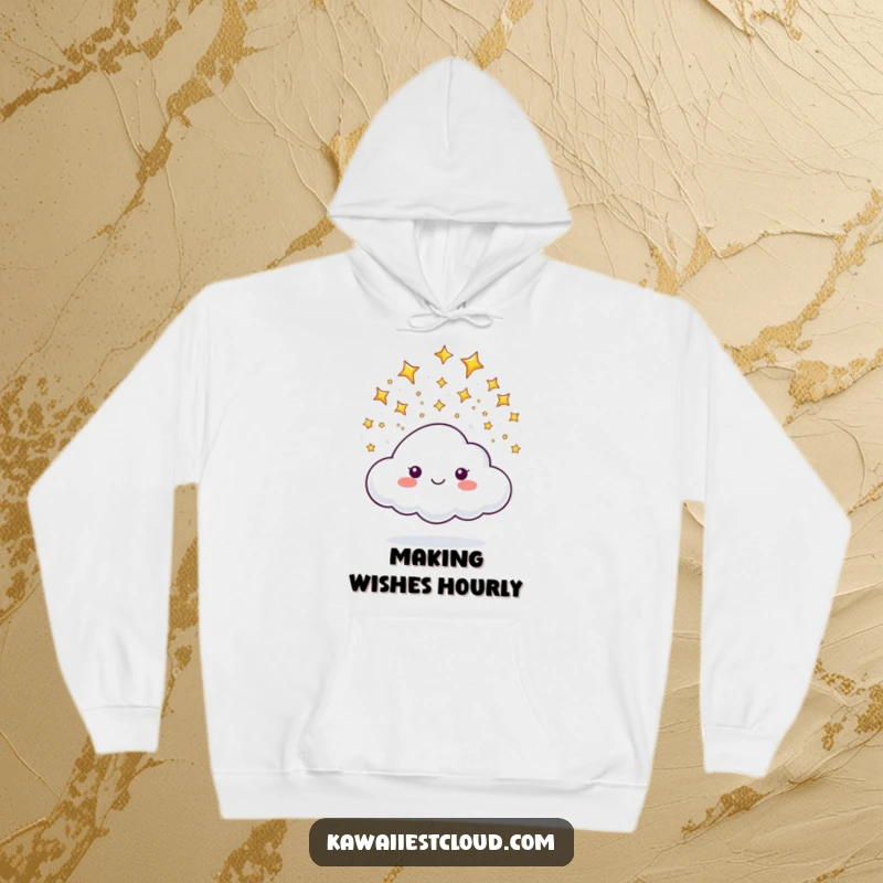 Funny hoodie featuring a happy cloud character releasing a cascade of tiny, shimmering, and sparkling stars.