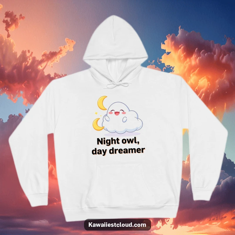 Funny hoodie with a cheerful cloud character gleefully playing with a small, giggling crescent moon, full of joy.