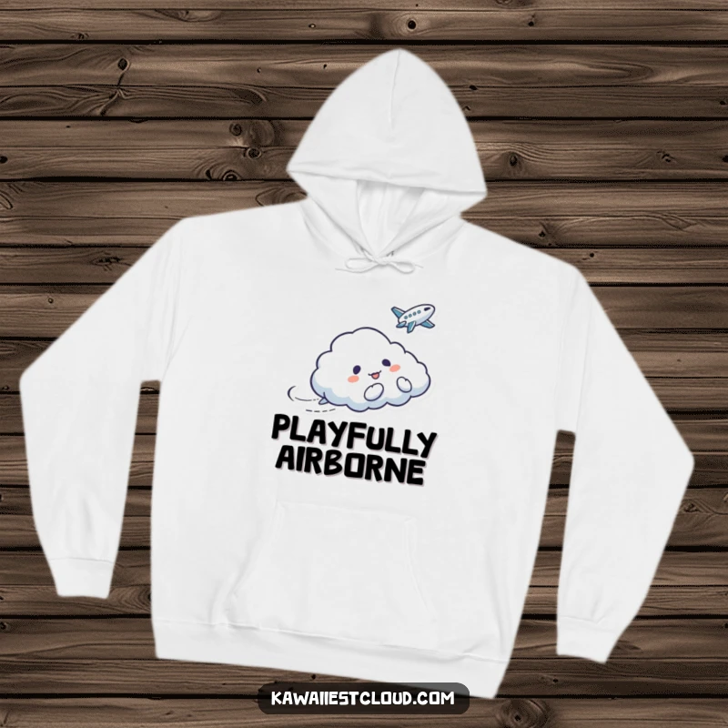 Funny hoodie showcasing a mischievous cloud character playfully tickling a passing bird, perfect for cozy, fun moments.