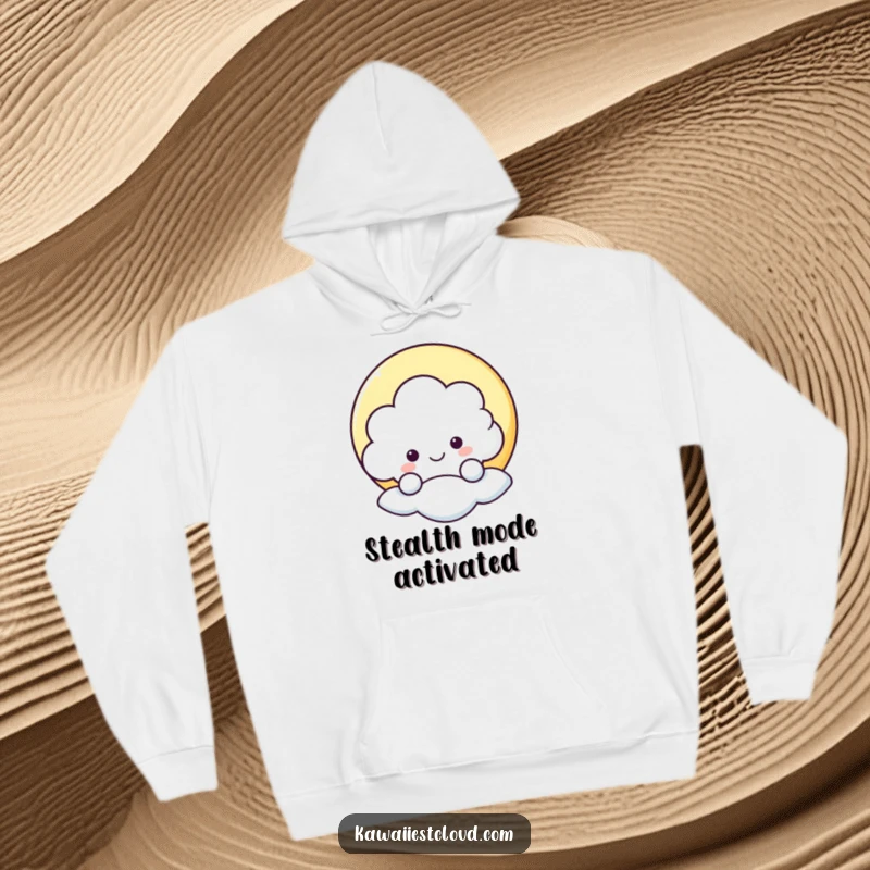 Funny hoodie with a cute cloud character playfully peeking from behind a star, offering warmth and cheerful humor.