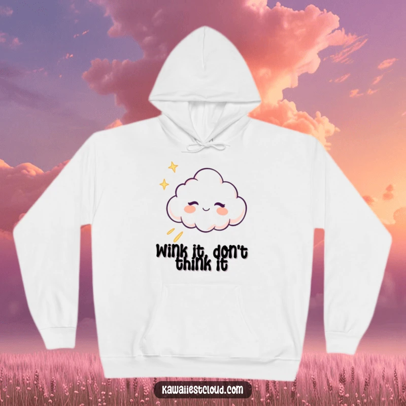 Funny winking cloud character leaving a trail of light on a soft, warm hoodie, perfect for cozy magic.