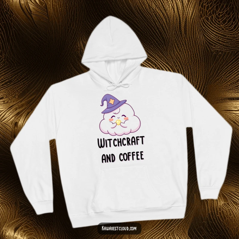 Funny Hoodie: A charming cloud character in a mini wizard hat, casting a spell to create a glowing orb.