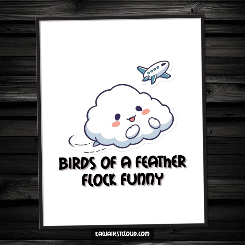 Funny Free Printable Wall Art depicting a mischievous cloud character playfully tickling a passing bird, creating a scene of lighthearted fun.