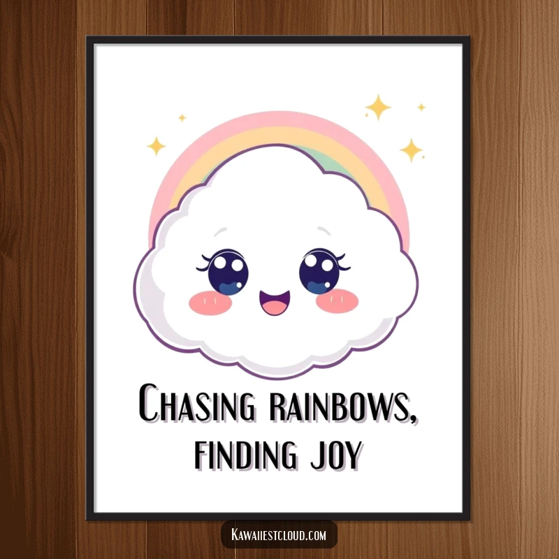 Funny free printable wall art depicting a delighted cloud character with big eyes gazing at a shimmering rainbow.