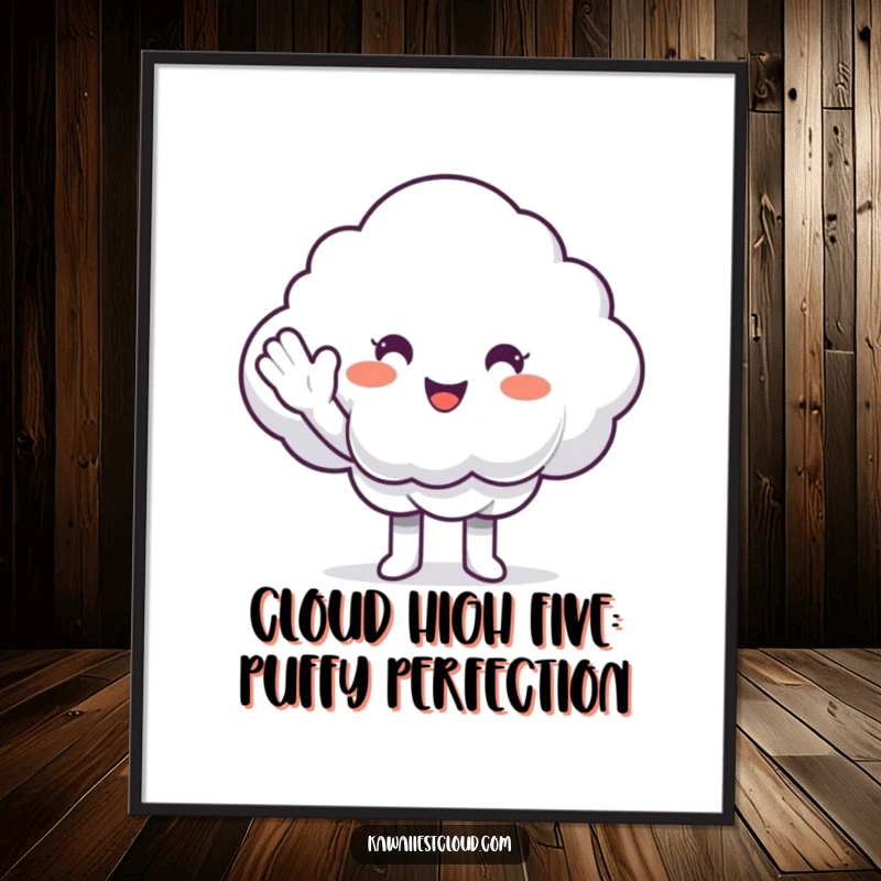 Funny Free Printable Wall Art: Smiling cloud character giving a fluffy white cloud a high-five, symbolizing friendship and fun.
