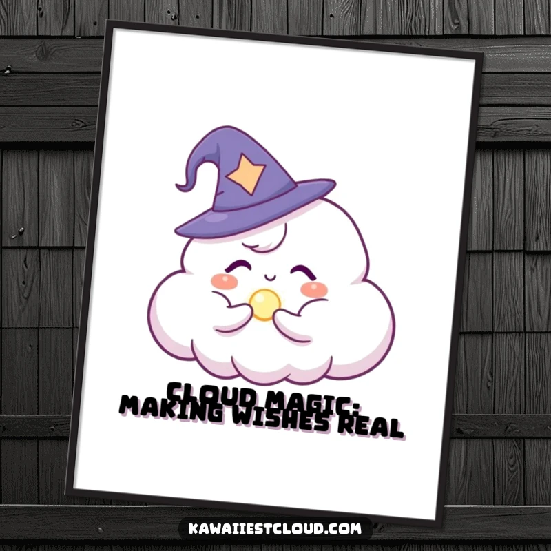 Funny Free Printable Wall Art: Enchanting cloud character in a wizard hat, conjuring a small, glowing magical orb.