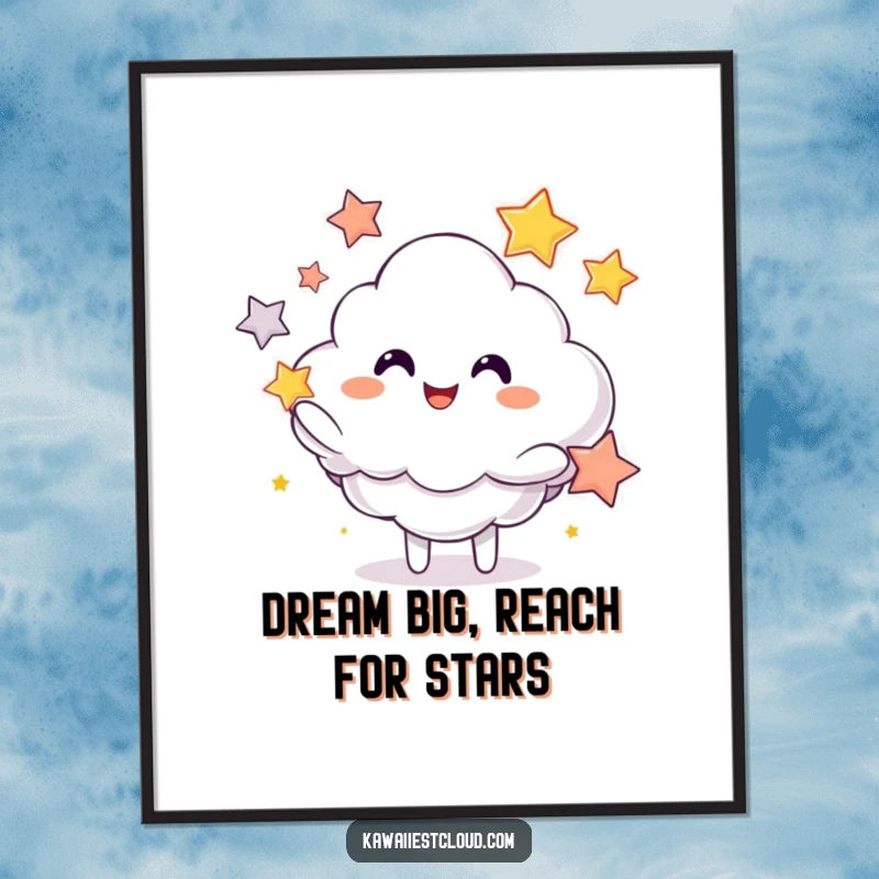 Funny Free Printable Wall Art: A playful white cloud character with a wide grin, juggling colorful shining stars in mid-air.